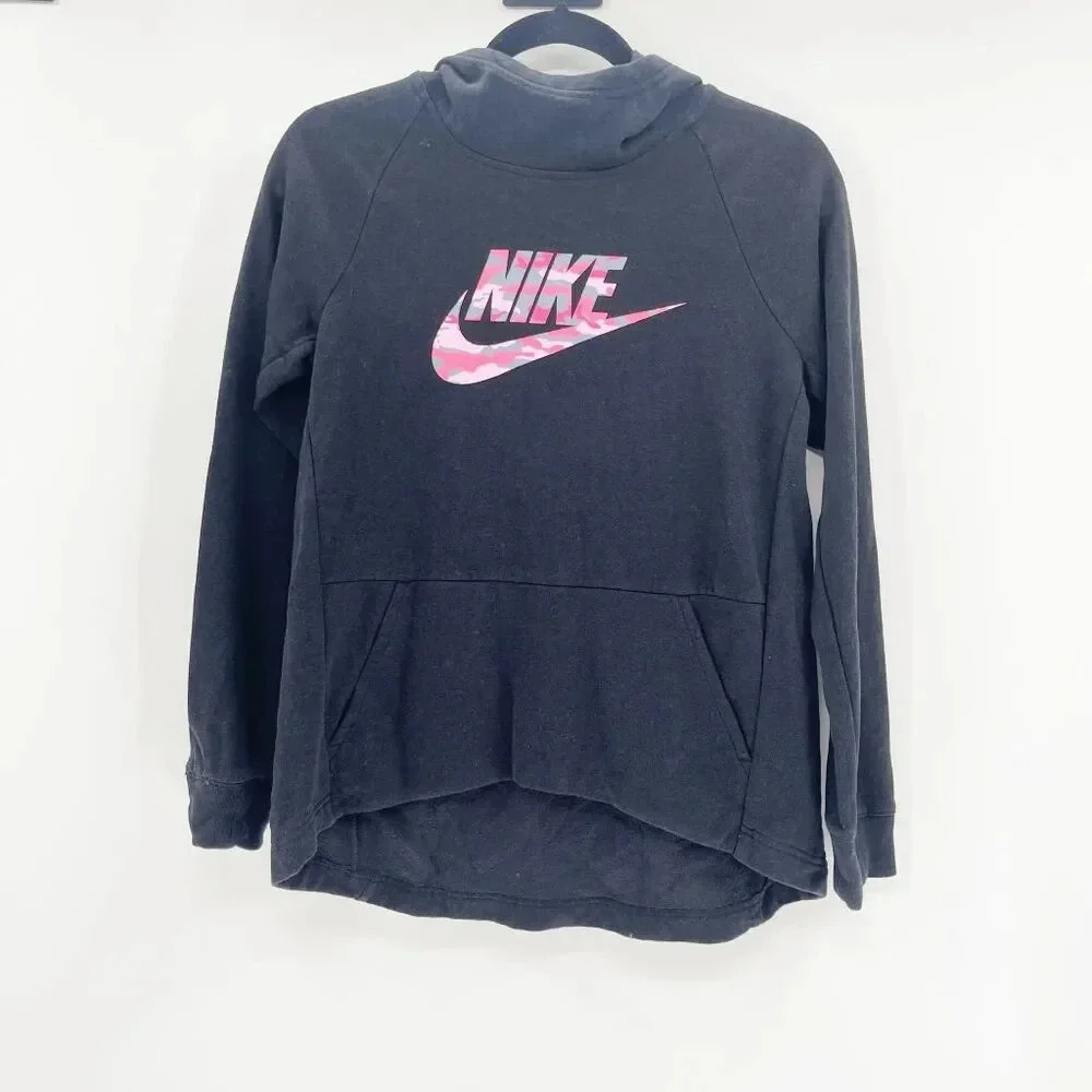 Nike Camo Pink Logo Hooded Sweatshirt Girls Kids Size L Black Oversized Pullover